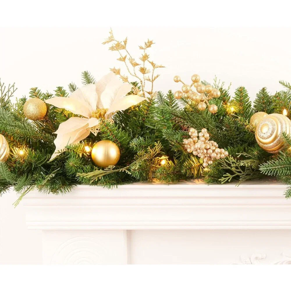 Lifelike 9ft Holiday Garland with Gold Accents & 50 Battery Operated Lights
